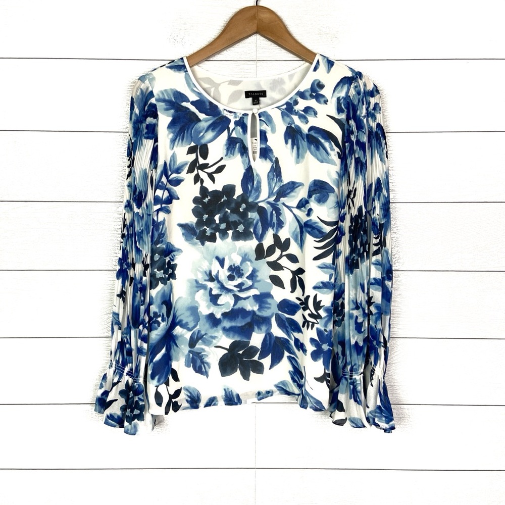 NWT TALBOTS Blue Watercolor Floral Pleated Blouson Sleeve Blouse Chiffon Medium - Picture 3 of 6
